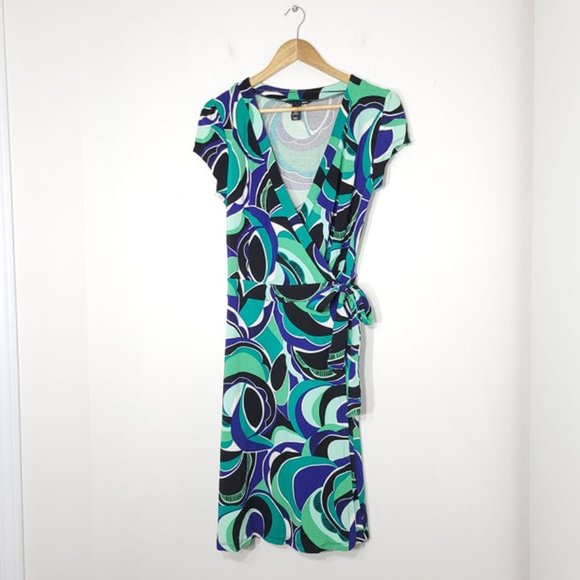 H&M Blue, Green & White Abstract Print Faux Wrap Short Sleeve Dress Woman Sz 12 - Picture 1 of 11